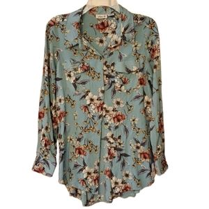 Lola P Womans Western Floral Buttondown Shirt in Aqua Size Medium